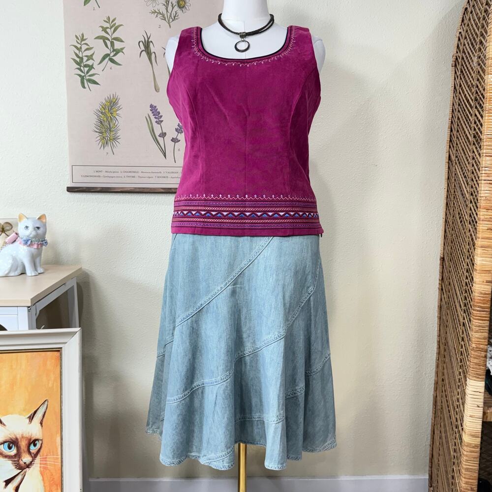 Vintage 90s Y2K Faux Suede Embroidered Top Boho Hippie Southwestern Forest M 10